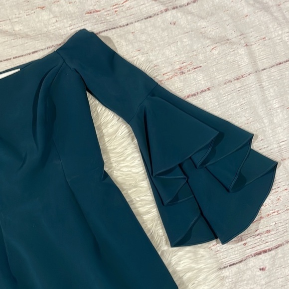 Milly Selena Slit Off The Shoulder Ruffle Tiered Sleeve Dress In Teal - Picture 7 of 11